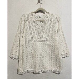J Jill Top Womens Medium White Eyelet Lace Cottagecore Flirty Romantic Feminine